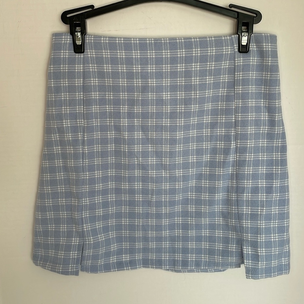 Shein blue and white plaid mini skirt with two front slits ladies size M